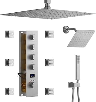 KATAIS Tempreature Display Shower System Brushed Nickel Shower Faucet Set with 12 inch and 8 inch Shower Head, with 6 PCS Body Jet, Handheld Spray