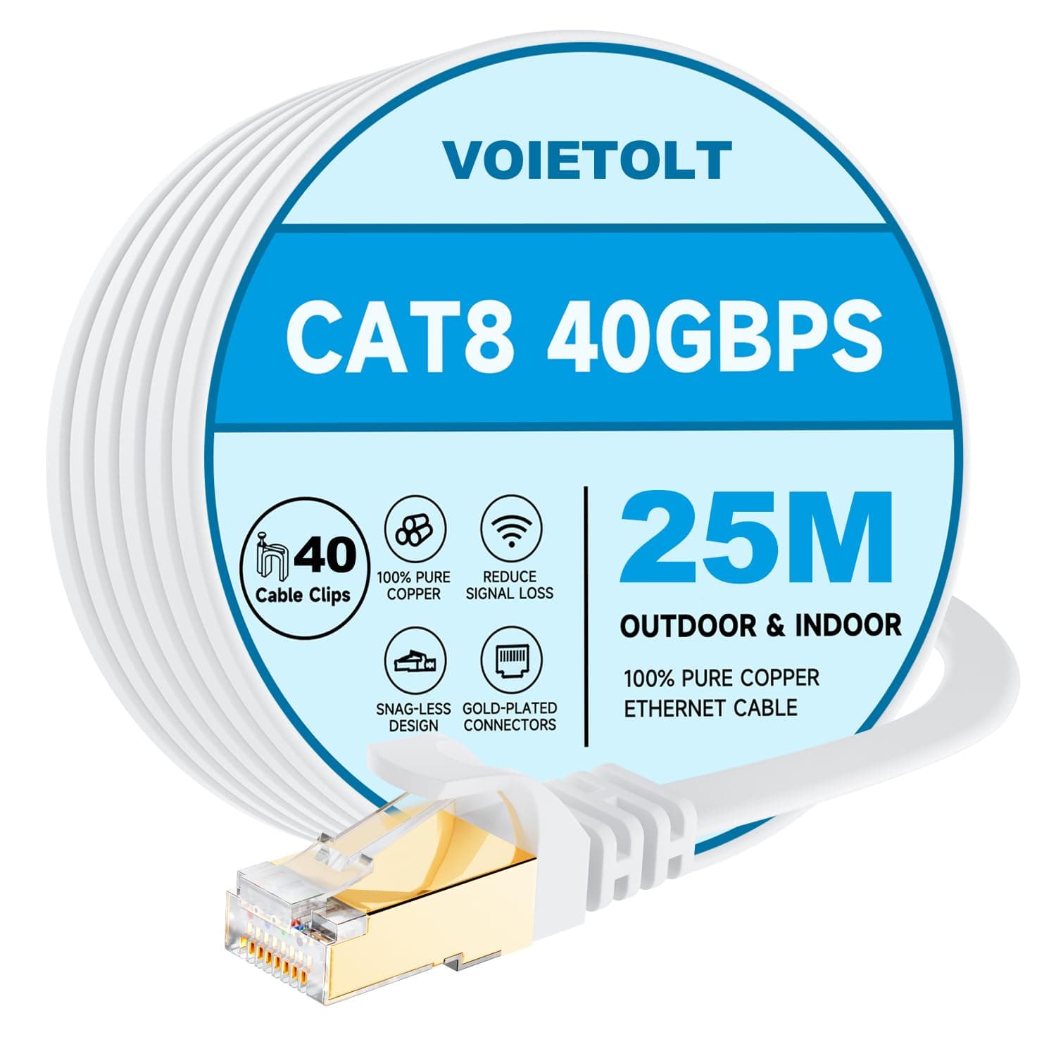 Cat8 Ethernet Cable 25M, 40Gbps/2000Mhz Flat High Speed Network Cable, STP RJ45 Gigabit Cat-8 Lan Internet Cable for PS4/5, for Modem - White