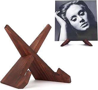 PUERSI Now Playing Vinyl Record Stand, Wooden Display Vinyl Holder Stand, Retro Now Spinning Record Accessories - Rustic Brown