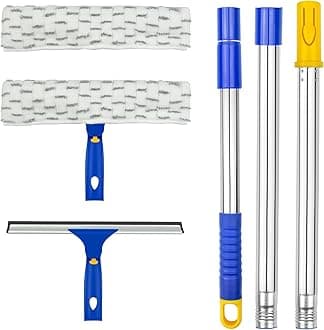 Window Washing Kit with Extension Pole, 10" Squeegee & 11" Microfiber Scrubber Combi with Stainless Steel Pole, Window Cleaner for Car, Sliding Door,Shower Glass Door-Swivel Style-2 Pads