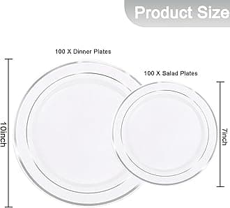 200 Pcs Silver Plastic Plates - Heavy Duty Disposable Party Plates, Silver Plates Disposable Include 100 Dinner Plates and 100 Elegant Dessert Plates, Plastic Plates for Party, Holiday & Wedding
