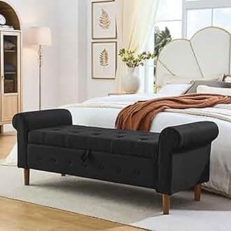 Ottoman with Storage, 62" Linen Tufted Button Bench with Rolled Arm for End of Bed, Bedroom, Living Room, Entryway (Black)