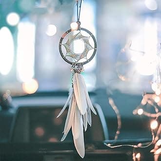 Alynsehom Dream Catcher Car Interior Rearview Mirror Hanging Decor Handmade Grids Nature Feather Small Boho Car Charms Pendant Accessories (Grey Feather)