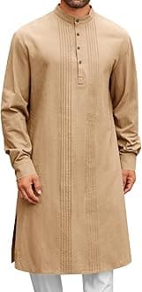 Runcati Mens Kaftan Robe Button Down Long Sleeve Cotton Linen Thobe Casual Muslim Gown Henley Shirt