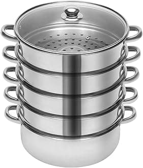 Stainless Steel Steamer, 5-Tier Multifunctional Food Steamer Pan, 4 Steaming Grids and 1 Large Bottom Cooking Pot, 304 Food-Grade Stainless Steel Body and the Glass Visualization Lid, 32 * 40cm