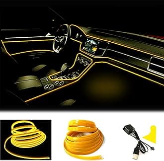 El Wire Yellow Interior Car LED Strip Lights, 5M Neon Wire USB 5V with Fuse Protection for Automotive Interior Decoration, with 6mm Sewing Edge