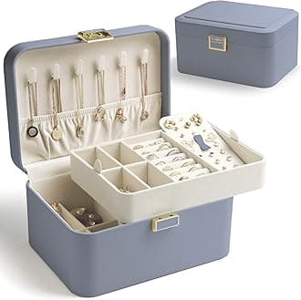 KAMIERKAMIER Jewelry Organizer,2 Layer Jewelry Organizer Box for Earrings Bracelets Rings Necklaces,Luxury Leather & Soft Velvet Lined,Gift Box Packaging,Bluish Grey