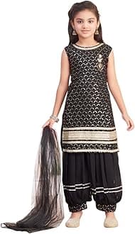 Aarika Girls Ethnic Wear Black Colour Sequin Embroidery/Lace Work Georgette Kurti Patiala Set With Dupatta