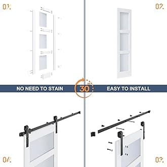 ROYMELO Double 21×84 in Glass Barn Door Slab and 8ft Hardware Kit Included, 3 Frosted Glass, MDF Wood Panel Covered with White Water-Proof Scratch-Resistant PVC Surface, Requires Simple DIY Assembly