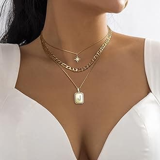 MJartoria Layered Initial Necklaces for Women Trendy, 14K Gold Plated Simple Star Choker Square Letter Pendant Necklace, Figaro Chain Gold Necklaces Jewelry Gifts