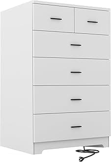 FJTJBSI Dresser with Power Outlets Wooden 6 Drawer Dresser with Large Organizer White Tall Storage Organizer with Smooth Metal Rail Modern Chest of Drawers Closet for Bedroom Hallway