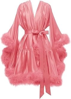Yexinbridal Feather Fur Robe Silk Satin Bridal Dressing Gown Sexy Illusion Lingerie Nightgown Bathrobe Sleepwear