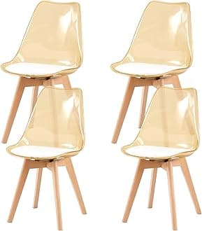 Set of 4 Dining Chairs Modern Kitchen Clear Acrylic Dining Chairs with PU Leather Cushions and Solid Beech Wood Legs for Living Room and Bedroom Amber