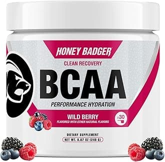 Honey Badger BCAA + EAA Amino Acids Powder, BCAAs + L-Glutamine, Keto, Vegan, Sugar Free for Men & Women, Hydration & Post Workout Muscle Recovery Drink Mix, Wild Berry, 30 Servings