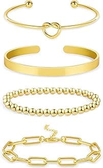 14K Gold Chai14K Gold Chain Bracelets Set for Women, Dainty Paperclip Link Bead Stackable Layered Bracelets Metal Fashion Jewelry