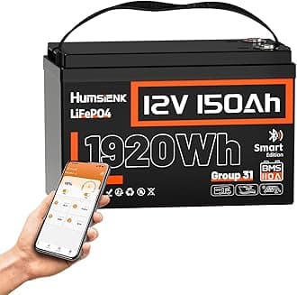 - HumsiENK 12V 150Ah LiFePO4 Lithium Battery BCI Group31 Bluetooth- Built-in 110A BMS, Deep Cycle Battery for Solar, RV, Marine, Off-Grid Applications - 15000+ Life Cycles, Safe & Lightweight