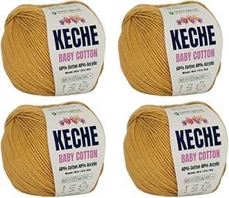 Keche Cotton Yarn, 60% Cotton 40% Acrylic Yarn, Soft Cotton Yarn for Crochet and Knitting, Amigurumi Yarn 4 Skeins/Balls [1.76 Oz (50g) / 180 Yrds (165m)] x 4 - Mustard
