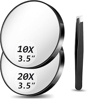 Magnifying Mirror 10X&20X Set, Magnified Mirrors 3.5" with Two Suction Cups and Tweezers, Travel Magnifyied Mirror Set Comes with Storage Bag, Compact Small Magnifying Mirrors for Travel(Black)