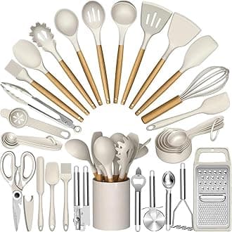 Premium Kitchen Utensils Set- 34 Pieces Cooking Utensils with Grater, Tongs, Spoon Spatula &Turner, Heat Resistant Food Grade Silicone and Wooden Handles Kitchen Gadgets, Non-stick Cookware