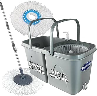 Primeway® PP Twin Bucket 360 Rotating Spin Floor Cleaning Mop with Clean and Dirty Water Separator with 2 Microfibre 38cm Mop Head Refills | 6 LTR | Grey