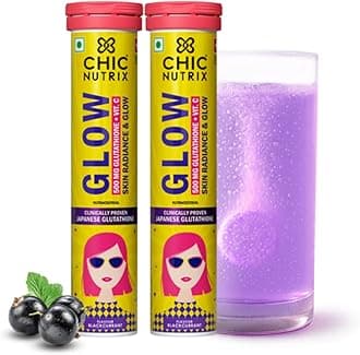 Chicnutrix Glow Glutathione Effervescent Tablets with Vitamin C |Japanese Glutathione 500mg For Radiant, Even-Toned and Glowing Skin | Sugar-Free| Blackcurrant Flavour | 20 Tablets (Pack of 2)