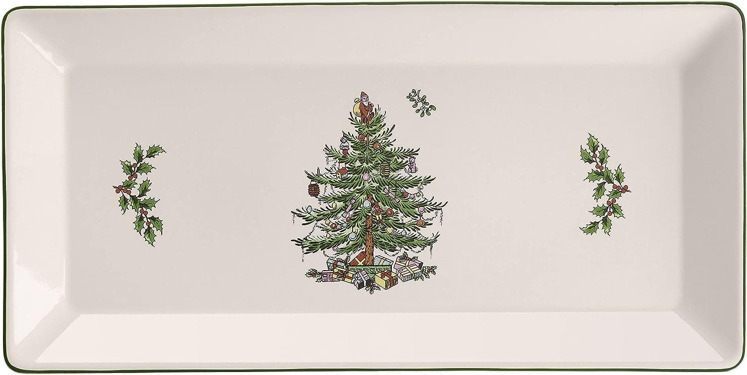 Spode Christmas Tree 14-Inch Rectangular Sandwich Tray, Porcelain Serving Platter for Tea Sandwiches, Desserts, Appetizers - Holiday Tableware with Festive Charm, Dishwasher, Microwave, Freezer Safe