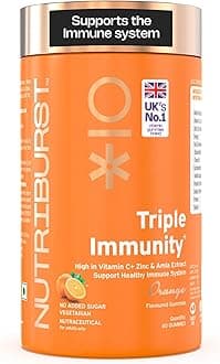 Nutriburst Triple Immunity Gummies with Vitamin C, Zinc and Amla extract | No-Added Sugar | Orange Flavor | 100% Vegetarian | 60 Gummy