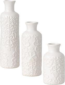 Sullivans Small White Embossed Ceramic Vase Set of 3, Matte Finish, Vases for Decor Modern Home Centerpieces, Mantle Tabletop for Living Room, Bedroom, Kitchen, Entryway Decor