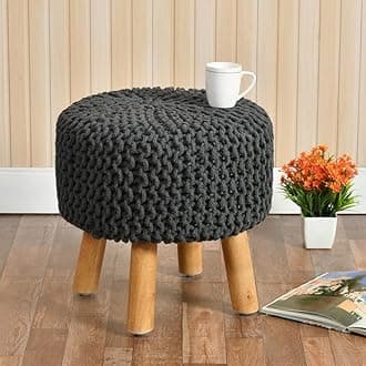 Sitting Solutions for Home - Wooden Frame Round Ottomans | Ottoman for Living Room | Bedroom, Study & Makeup Table | 16x16x18 Inch (Black)