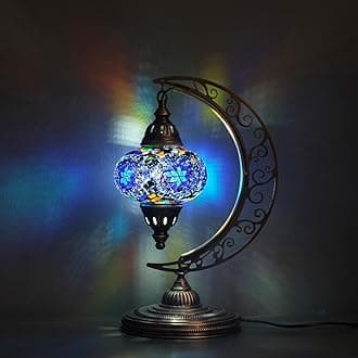 Asylove Turkish Moon Lamp, Mosaic Moroccan Table Lighting, Standing Turkish Lamp, Decor Home Floor Lighting Accessory, Total Dim. 7.5 x 11 x 18 inches (Blue)