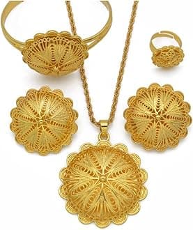 N-Made BeautifullEthiopian Jewelry for Women Set - Ethiopian Traditional Jewelry - Eritrea Gold Jewelry - Ethiopia Jewelry Sets Pendant Necklaces Earrings Ring Bangles for Womens Gold Color Eritrean African Gifts