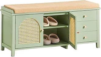 SoBuy Shoe Storage Bench with Adjustable Shelf - Shoe Rack with Seat Cushion & 3 Drawers for Hallway Storage - Green MDF - for Entryway & Living Room - Easy Assembly - W100 x D34 x H46cm - FSR129-GR