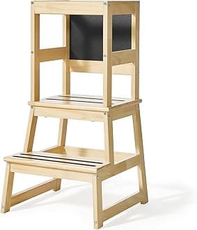 Yojoker Kids Kitchen Step Stool - Toddler Standing Tower, Toddler Kitchen Stool Helper, Montessori Kids Learning Stool with Safety Rail, Anti-Slip Mats and Chalkboard (Natural)