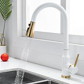 Kitchen Taps with Pull Out Spray Kitchen Mixer Tap Stainless Steel 2 Modes Swivel Hot and Cold Water Sink Tap-White+Gold