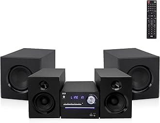 P.M.P.O CD/DVD Stereo System, 5-pc Wireless BT Streaming 6 Ohm Two-Way Wooden Speaker Box and Subwoofer, Digital Amplifier IC with MP3, USB, FM Radio, Bass Reflex Speaker