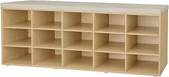 DINZI LVJ Shoe Storage Bench with Cushion, 15-Cubby Shoe Rack, Adjustable Shelves, Long Shoe Organizer Bench for Entryway, Mudroom, Hallway, Living Room, Bedroom and Garage, Natural