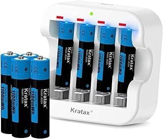 Kratax Rechargeable AAA Lithium 1.5V Batteries-Full Recharged 8-Pack with 1H Fast Charger for Household Office Device,1100mWh High-Capacity Long-Lasting,1600Cycles,Constant Output(8AAA+1Charger)