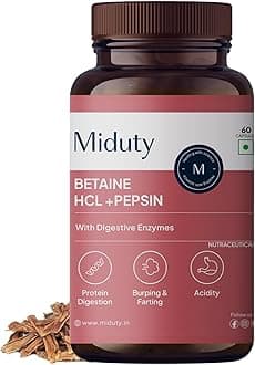 Betaine HCL + Pepsin for Improve Digestion, Acidity & Natural Digestive Health & Stomach Gut Support - 60 Capsules