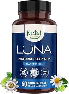 Nested Naturals Luna Sleep Supplement, Melatonin Free, Non-Habit Forming Herbal Sleep Supplement, Adult Bedtime Support, Help Sleeping w/Chamomile, Valerian, L-Theanine, 60 Vegan Capsules