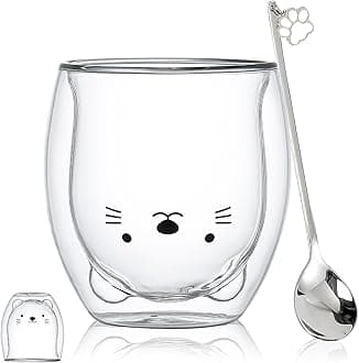 Cute Mugs Glass Double Wall Insulated Glass Espresso Cup, Coffee Cup, Tea Cup, Milk Cup, Best gift for Office and Personal Birthday (Cat)