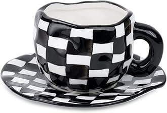 Noviko Checkered Mug Ceramic Checker Tea Cup and Saucer Set 10 oz