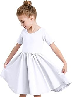 Stelle Girls Short Sleeve Dress Summer Kids Toddler Skater Twirl A Line Solid Color T-Shirt Dress for School Casual 3-12 Y
