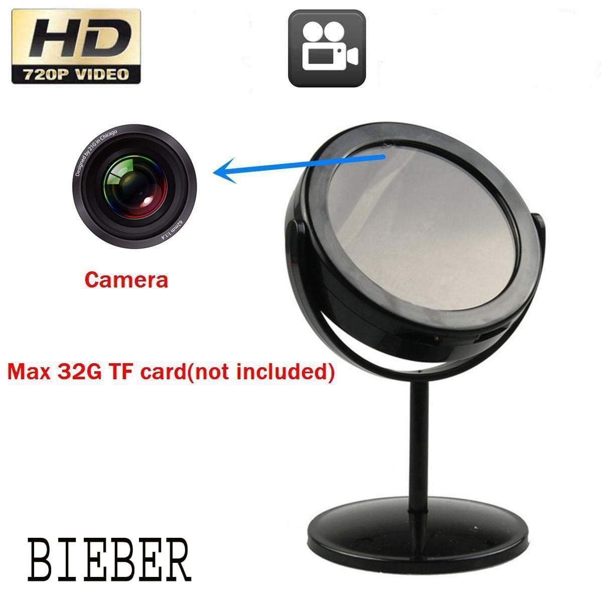 BIEBER HD Quality Mini DVR Mirror SPY Hidden Camera Video Audio Recorder Record Up to 32 GB (Card not Included) Motion Detection Powered by High Performance-Battery.