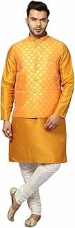 Uri and MacKenzie Men's Silk Blend Regular Kurta Churidar Pyjama with Bundi Nehru Jacket/Waistcoat
