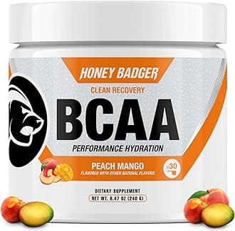 Honey Badger BCAA Amino Acids Powder | Vegan Keto Peach Mango BCAAs + EAA for Men & Women | Electrolytes for Hydration & Post-Workout Recovery | Sugar Free & Paleo | 30 Servings