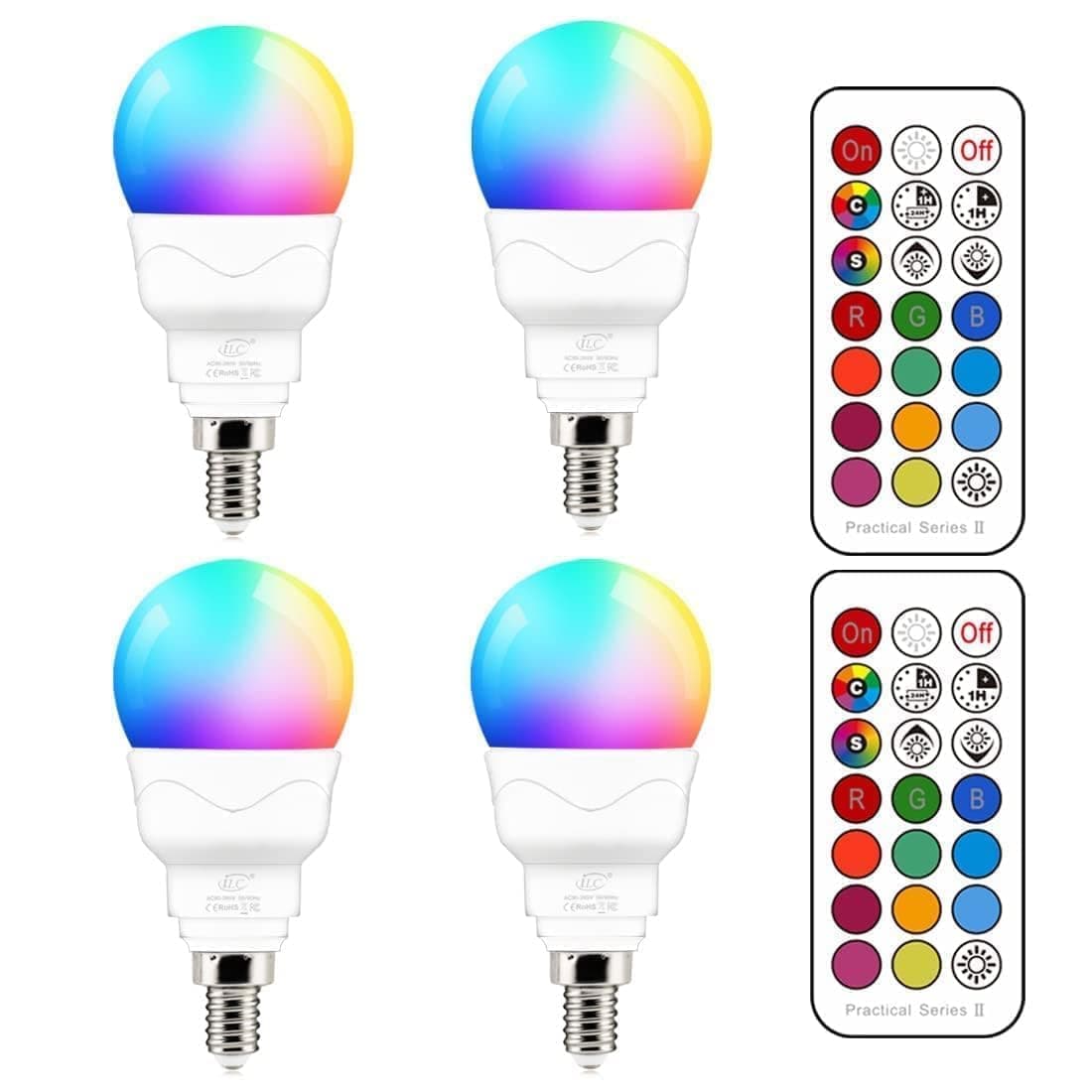 E12 LED Light Bulbs (40w Equivalent) 5W, Color Changing RGB, A15 Small Base Candelabra Round Light Bulb, Candle Base, 2700K Warm White 12 Colors 2 Modes Timing with Remote Control (4 Pack)