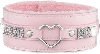 Pink Furry Heart O-ring Leather Choker Collar For Women, Handmade Punk Gothic Letter Necklace Adjustable Fashion Jewelry