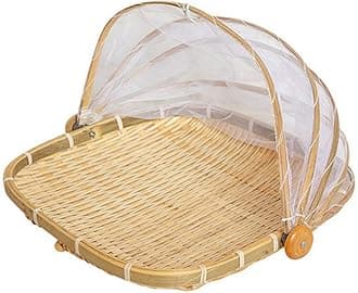 Bamboo Tent Basket Food Serving, Mesh Cover, Hand Woven Insect Bug Proof, Dustproof Fruit Vegetable Bread Storage Container for Picnic, Outdoor, Home Drying (Square,L)