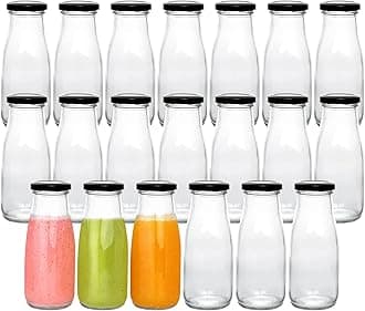 QAPPDA 12 oz Glass Bottles, Clear Glass Milk Bottles with Black Metal Airtight Lids, Vintage Breakfast Shake Container, Vintage Drinking Bottle with Whiteboard Labels and Pen for Party,Kids,Set of 20