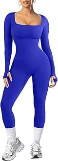 Popilush Jumpsuits for Women Long Sleeve Built-In Bra Square Neck Full Length Leggings Bodycon Stretch Workout Outfits